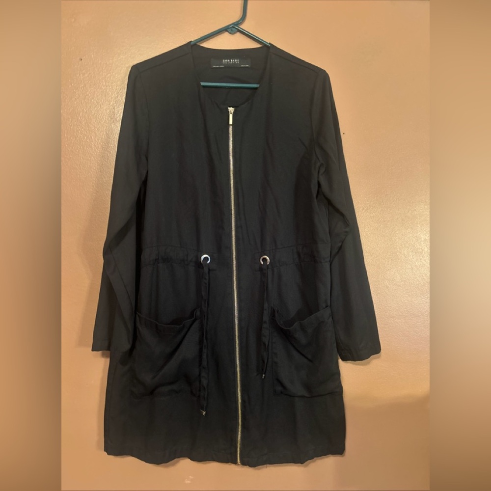 Zara Black Long Zip-Front Trench Coat with Drawstring